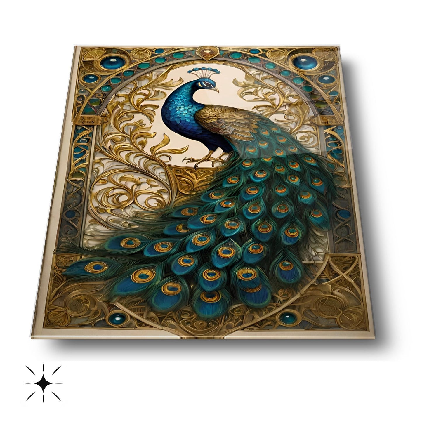 Gold Detaylı Yeşil Tavus Kuşu Cam Tablo