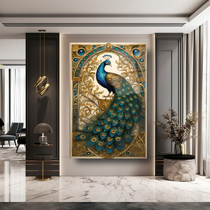 Gold Detaylı Yeşil Tavus Kuşu Cam Tablo