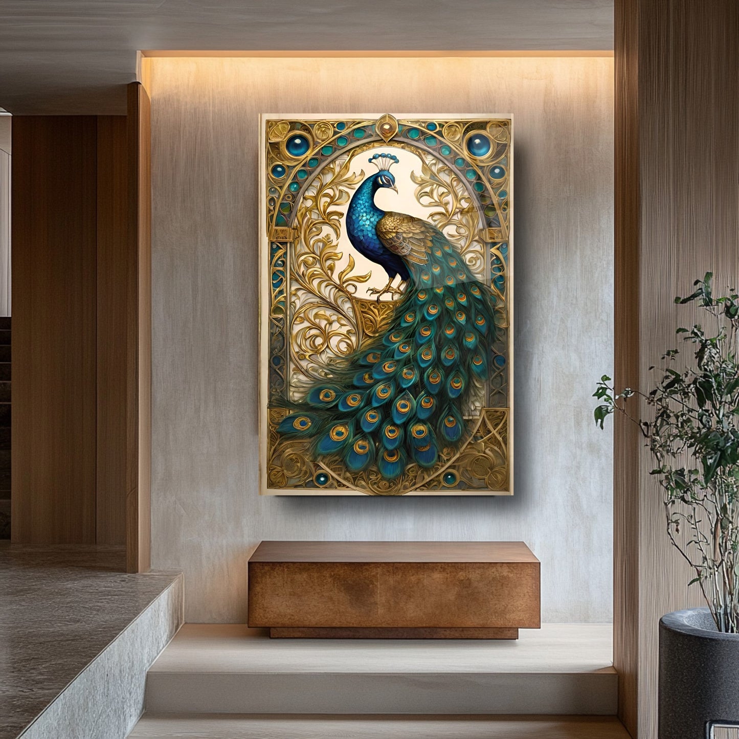 Gold Detaylı Yeşil Tavus Kuşu Cam Tablo