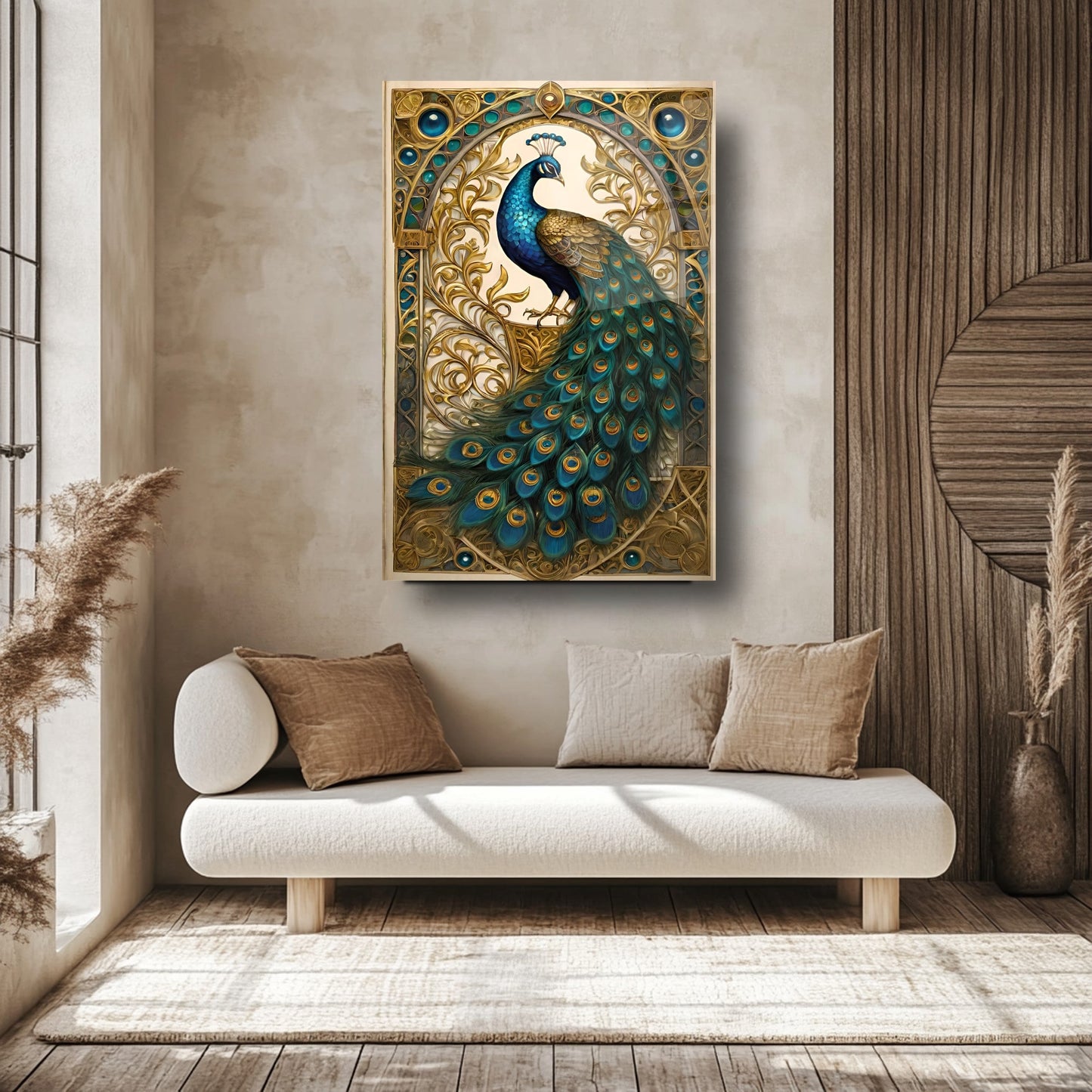 Gold Detaylı Yeşil Tavus Kuşu Cam Tablo