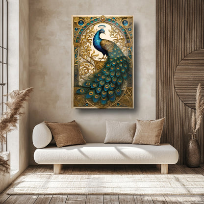 Gold Detaylı Yeşil Tavus Kuşu Cam Tablo