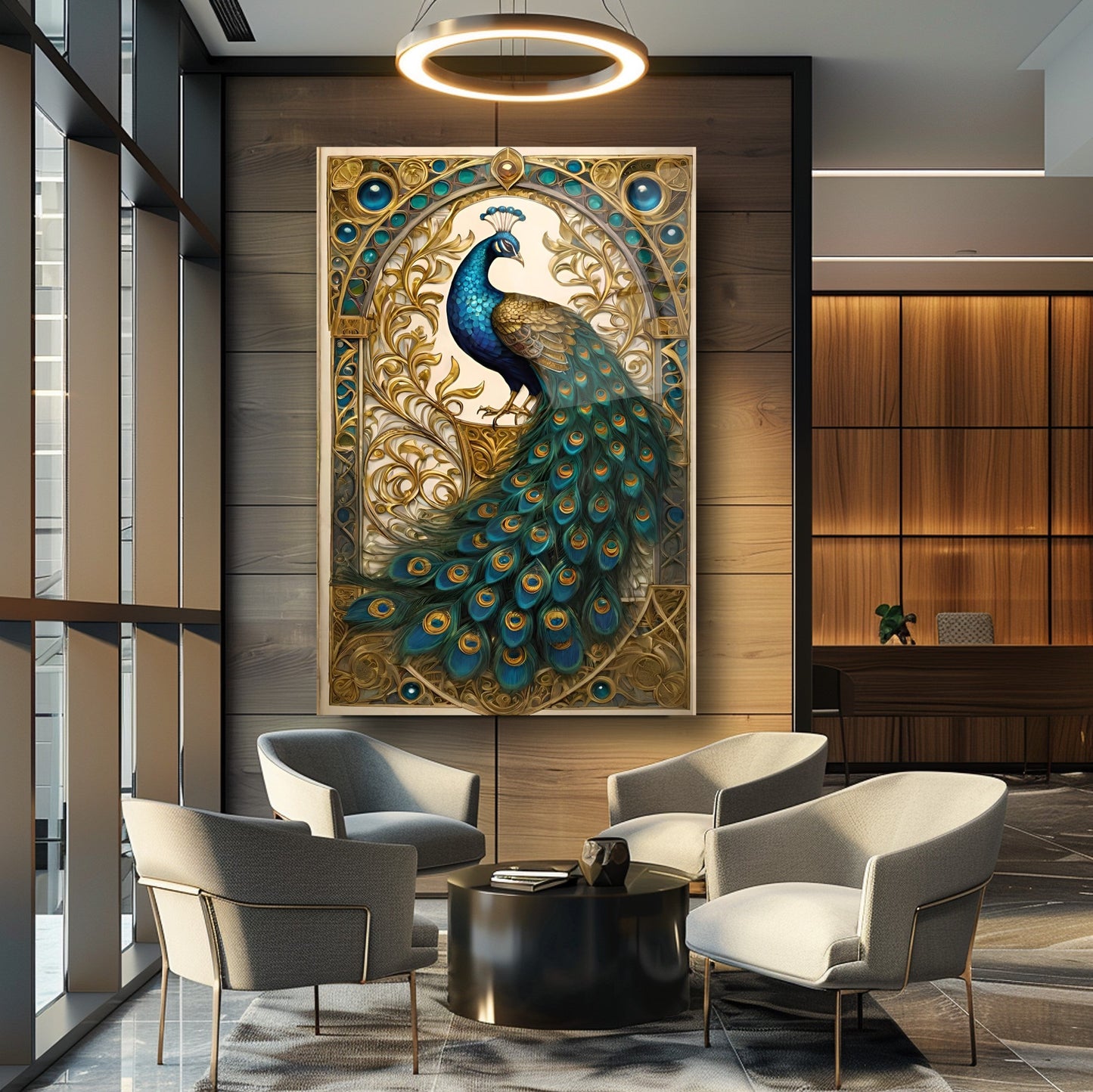 Gold Detaylı Yeşil Tavus Kuşu Cam Tablo