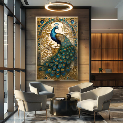 Gold Detaylı Yeşil Tavus Kuşu Cam Tablo