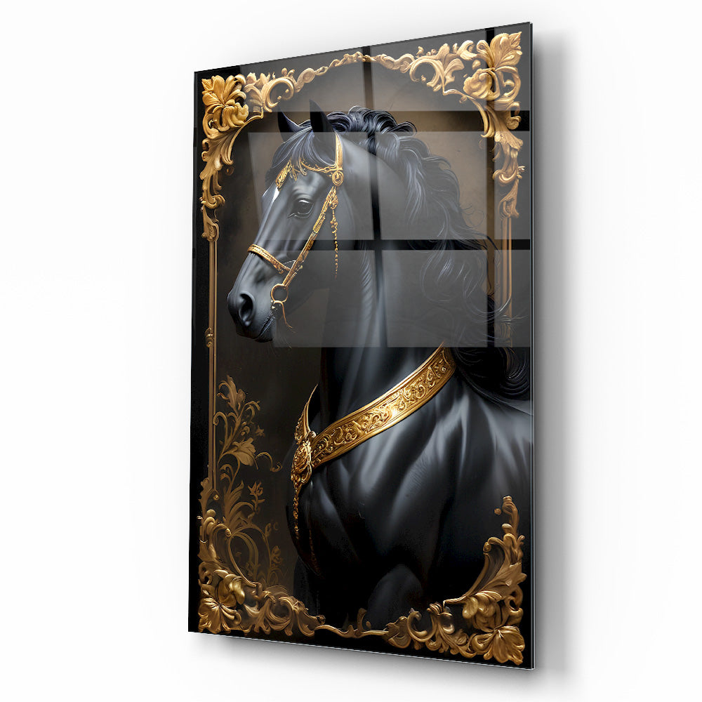 Gold Detaylı Siyah At Cam Tablo