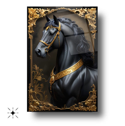 Gold Detaylı Siyah At Cam Tablo