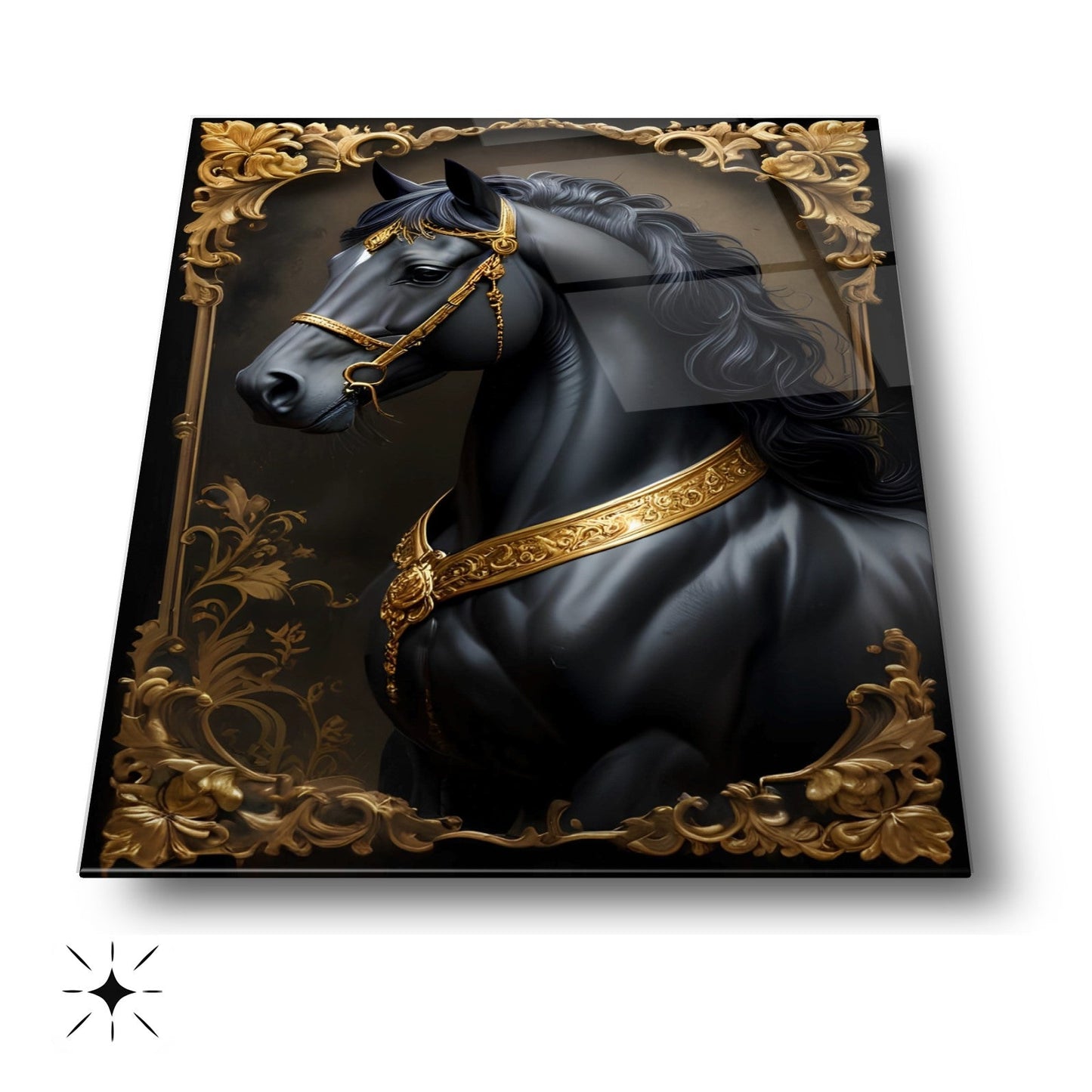 Gold Detaylı Siyah At Cam Tablo