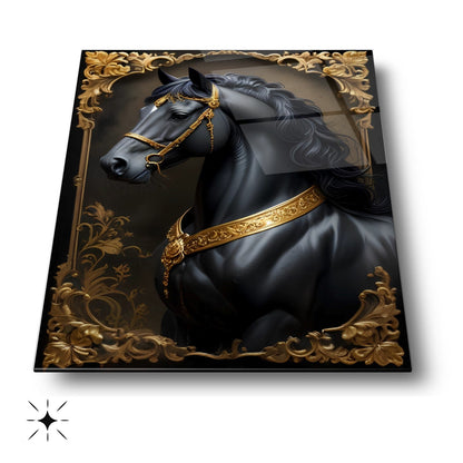 Gold Detaylı Siyah At Cam Tablo