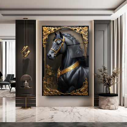 Gold Detaylı Siyah At Cam Tablo