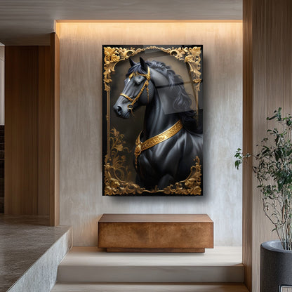Gold Detaylı Siyah At Cam Tablo