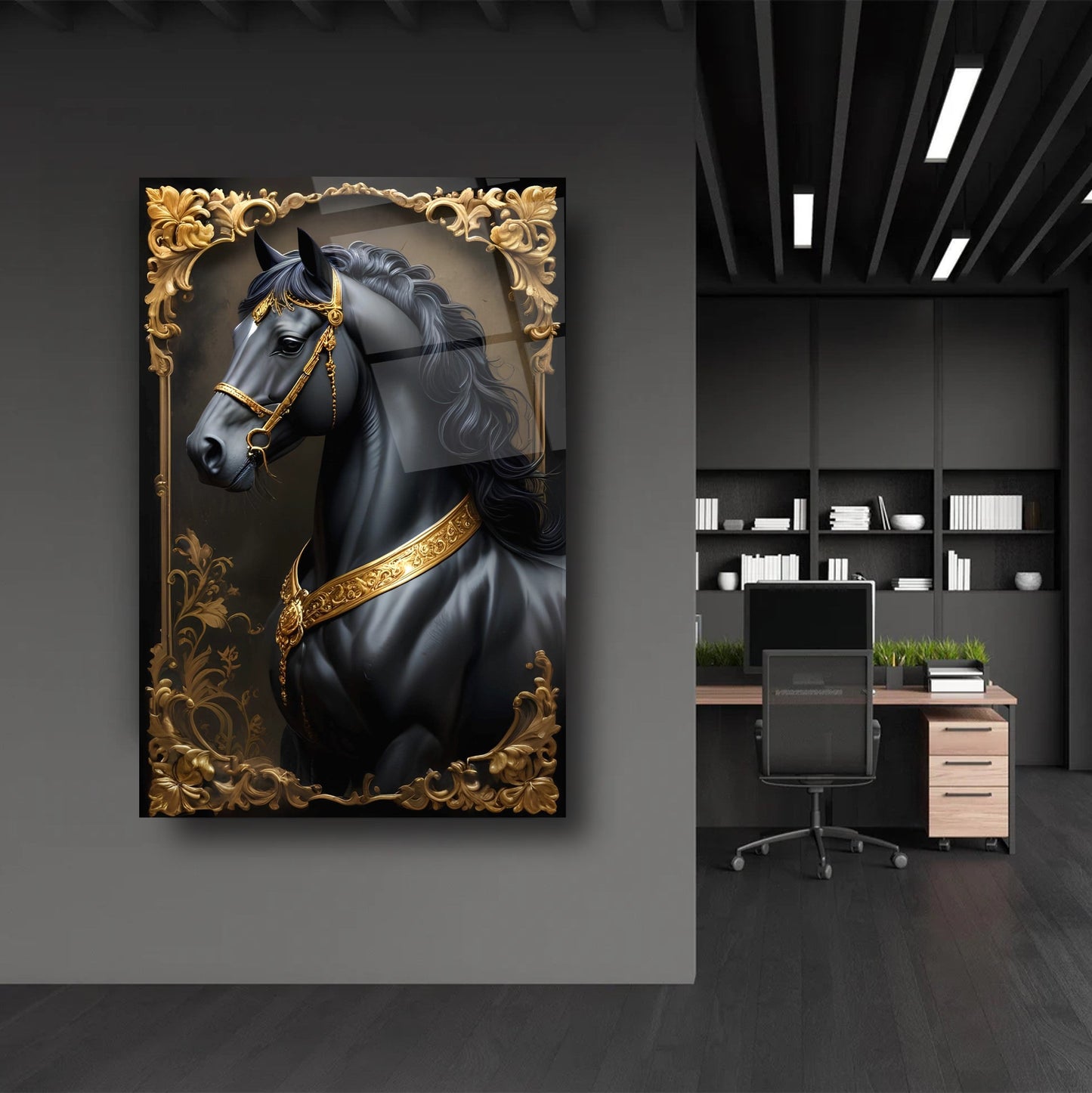 Gold Detaylı Siyah At Cam Tablo