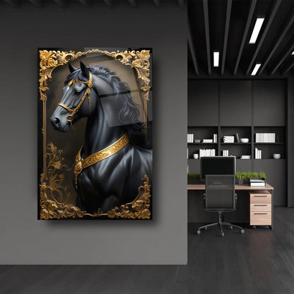 Gold Detaylı Siyah At Cam Tablo