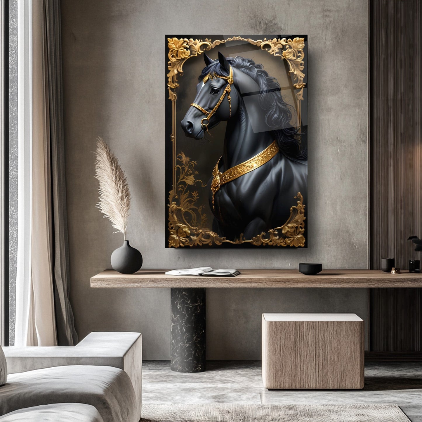 Gold Detaylı Siyah At Cam Tablo