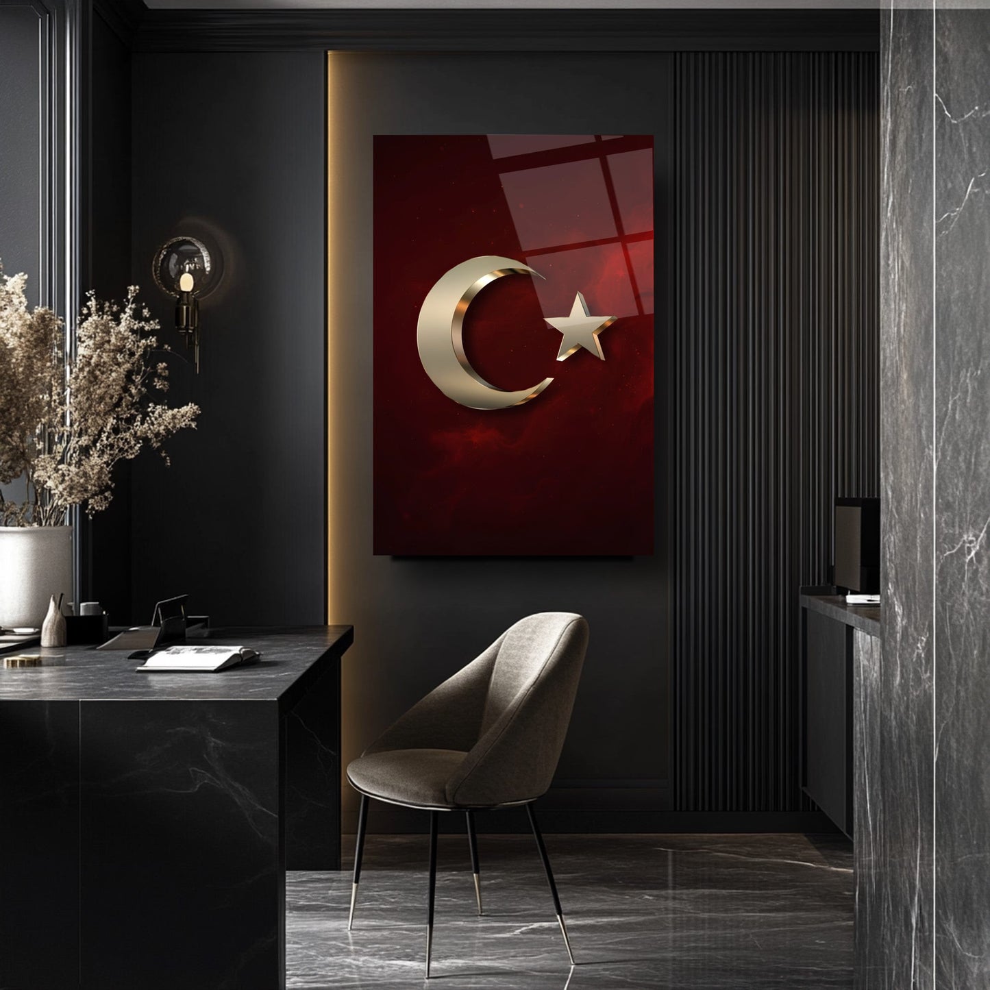 Gold Detaylı Bayrak Cam Tablo