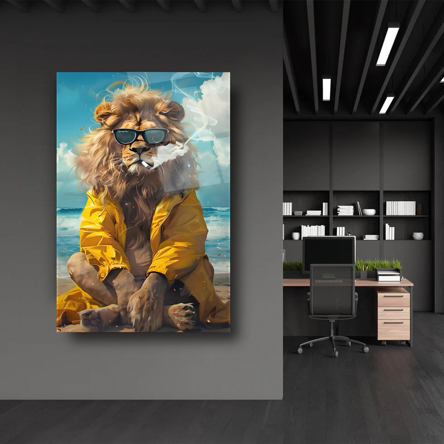 Gözlüklü Aslan Cam Tablo