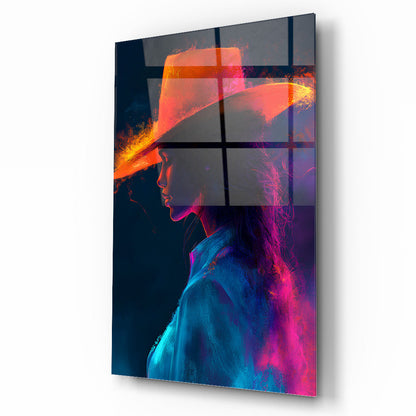 Neon Renkli Şapkalı Kadın Cam Tablo
