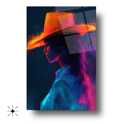 Neon Renkli Şapkalı Kadın Cam Tablo