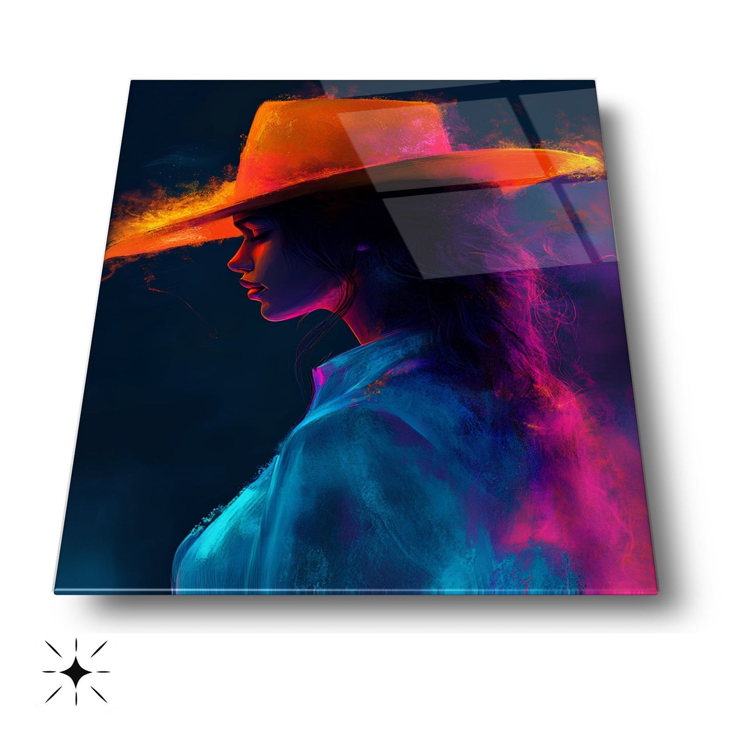 Neon Renkli Şapkalı Kadın Cam Tablo