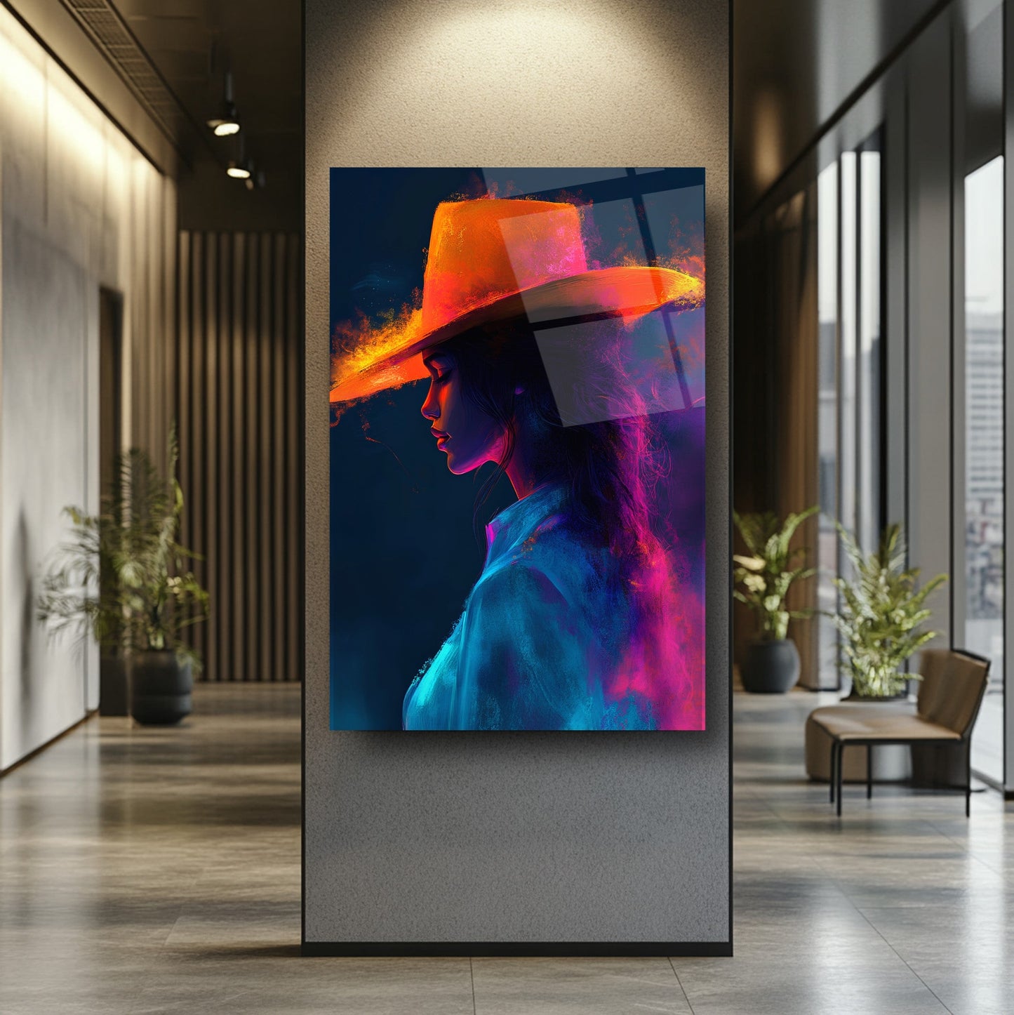 Neon Renkli Şapkalı Kadın Cam Tablo