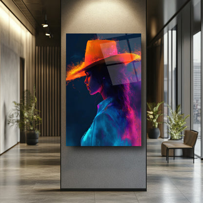 Neon Renkli Şapkalı Kadın Cam Tablo