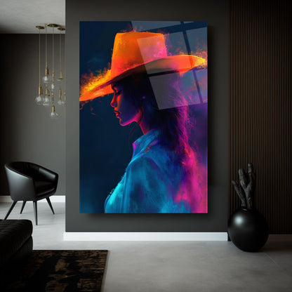 Neon Renkli Şapkalı Kadın Cam Tablo