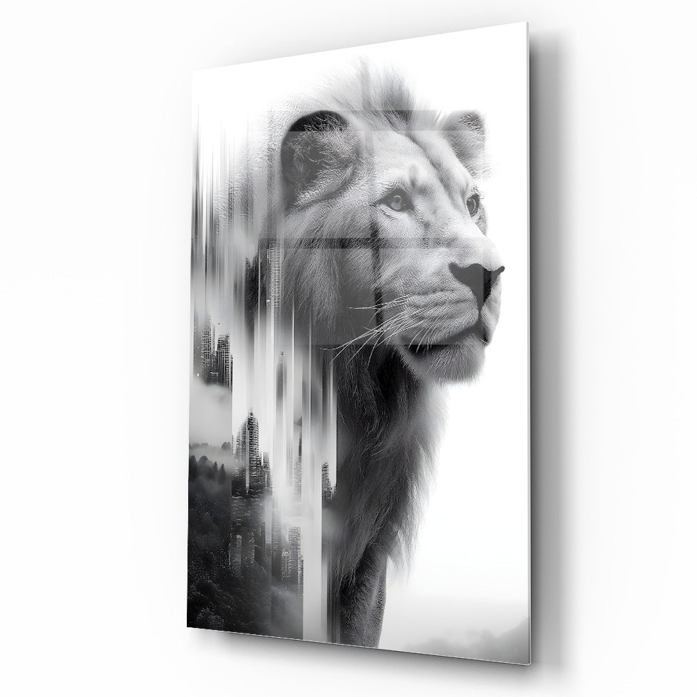 Siyah Beyaz Aslan Cam Tablo