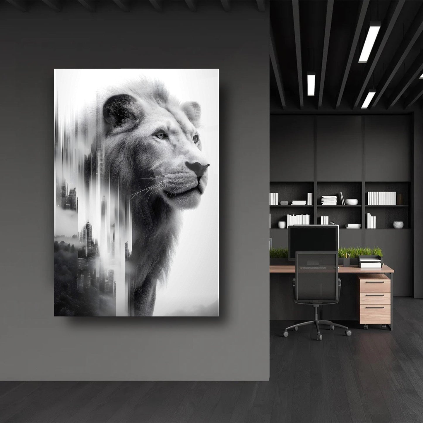 Siyah Beyaz Aslan Cam Tablo