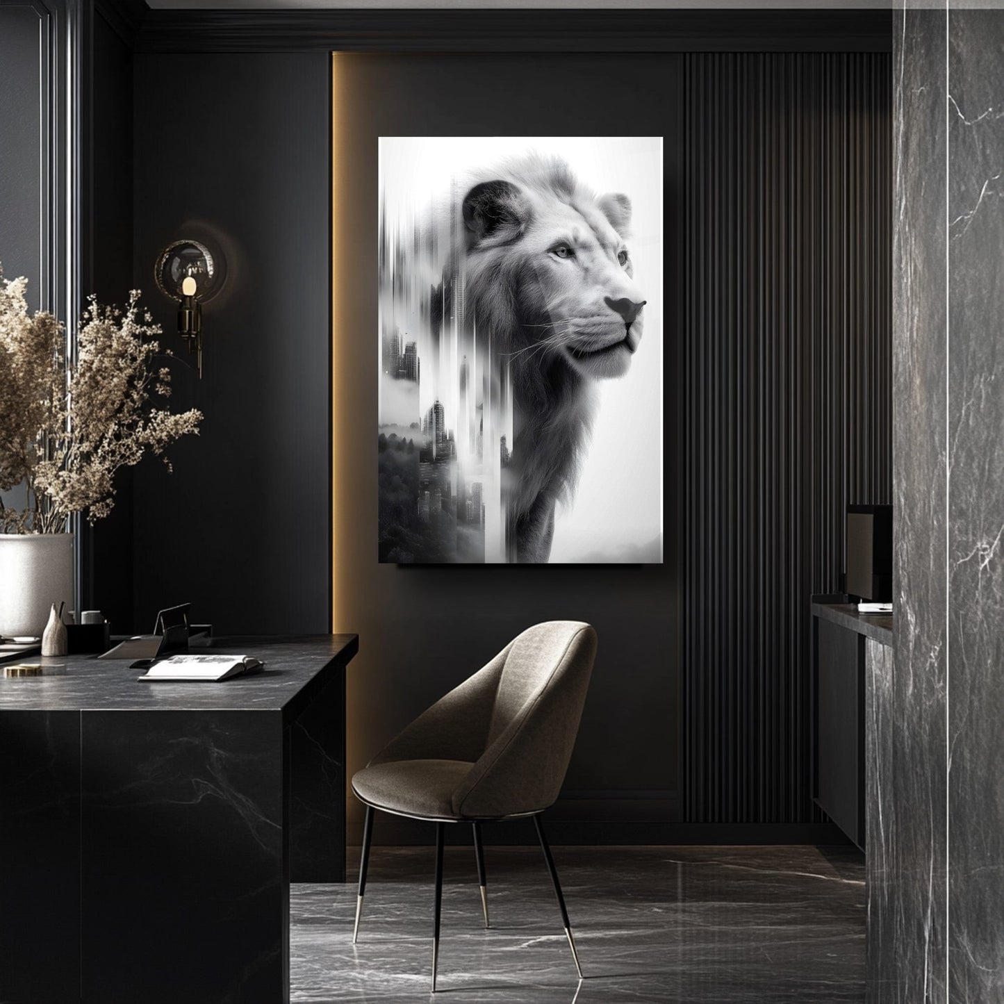 Siyah Beyaz Aslan Cam Tablo