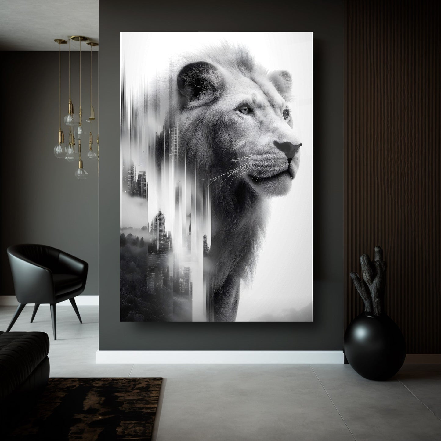 Siyah Beyaz Aslan Cam Tablo
