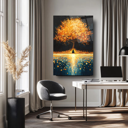 Gold Detayli Hayat Ağacı Cam Tablo