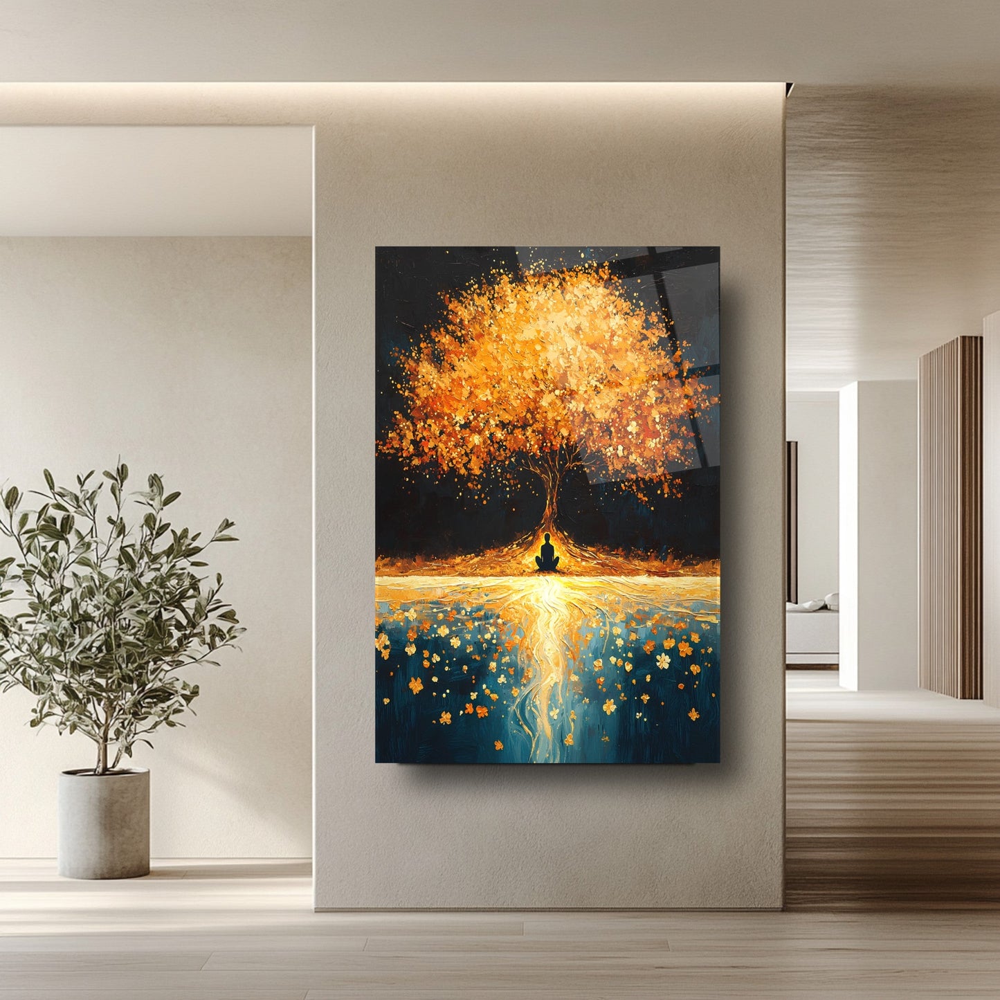 Gold Detayli Hayat Ağacı Cam Tablo