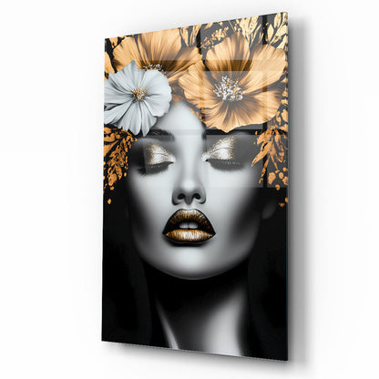 Gold Çiçekli Kadın Model Cam Tablo