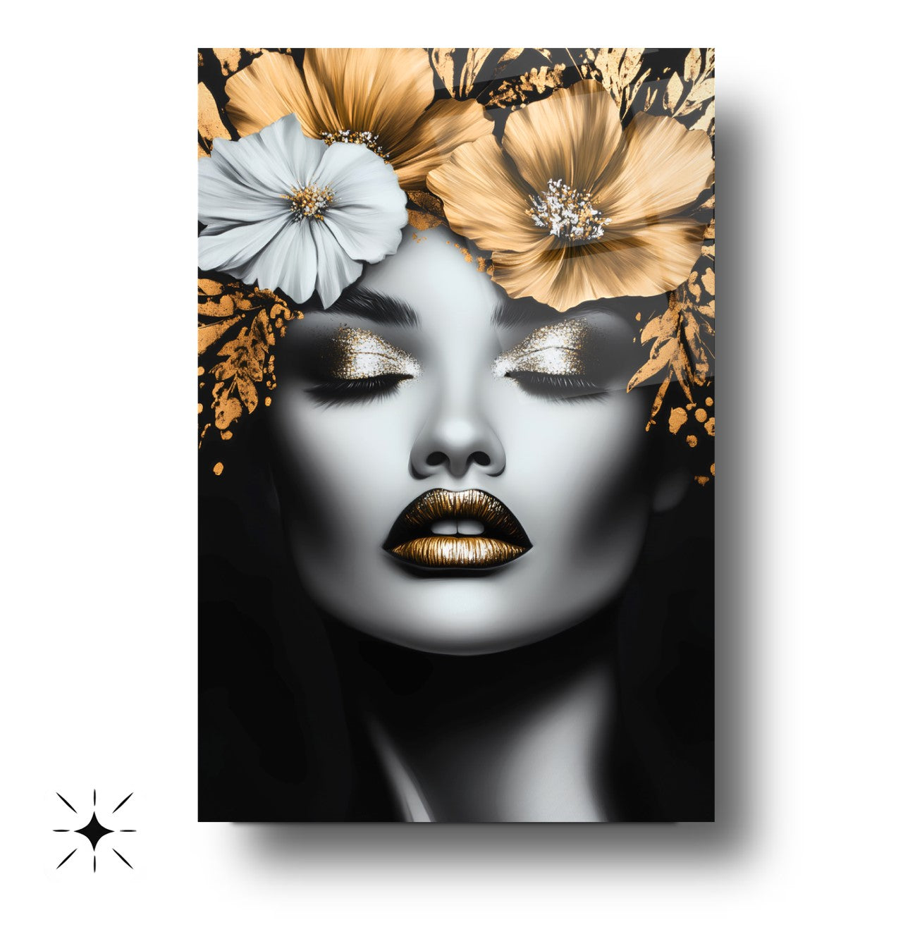 Gold Çiçekli Kadın Model Cam Tablo