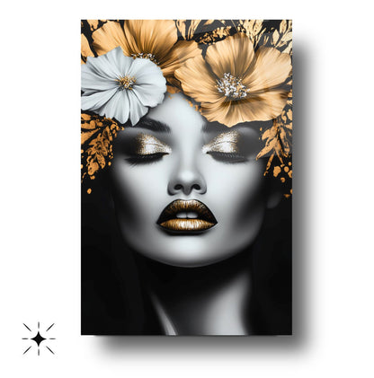 Gold Çiçekli Kadın Model Cam Tablo