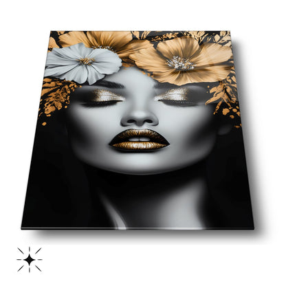 Gold Çiçekli Kadın Model Cam Tablo