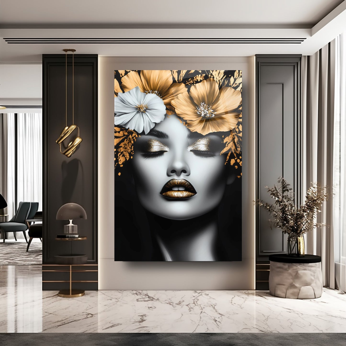 Gold Çiçekli Kadın Model Cam Tablo