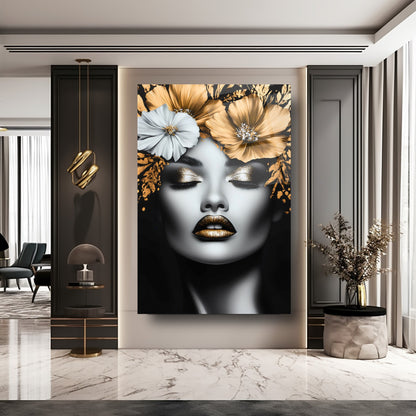 Gold Çiçekli Kadın Model Cam Tablo