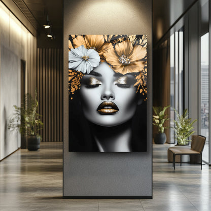 Gold Çiçekli Kadın Model Cam Tablo