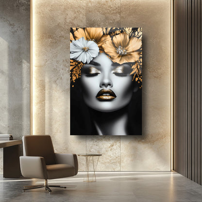 Gold Çiçekli Kadın Model Cam Tablo