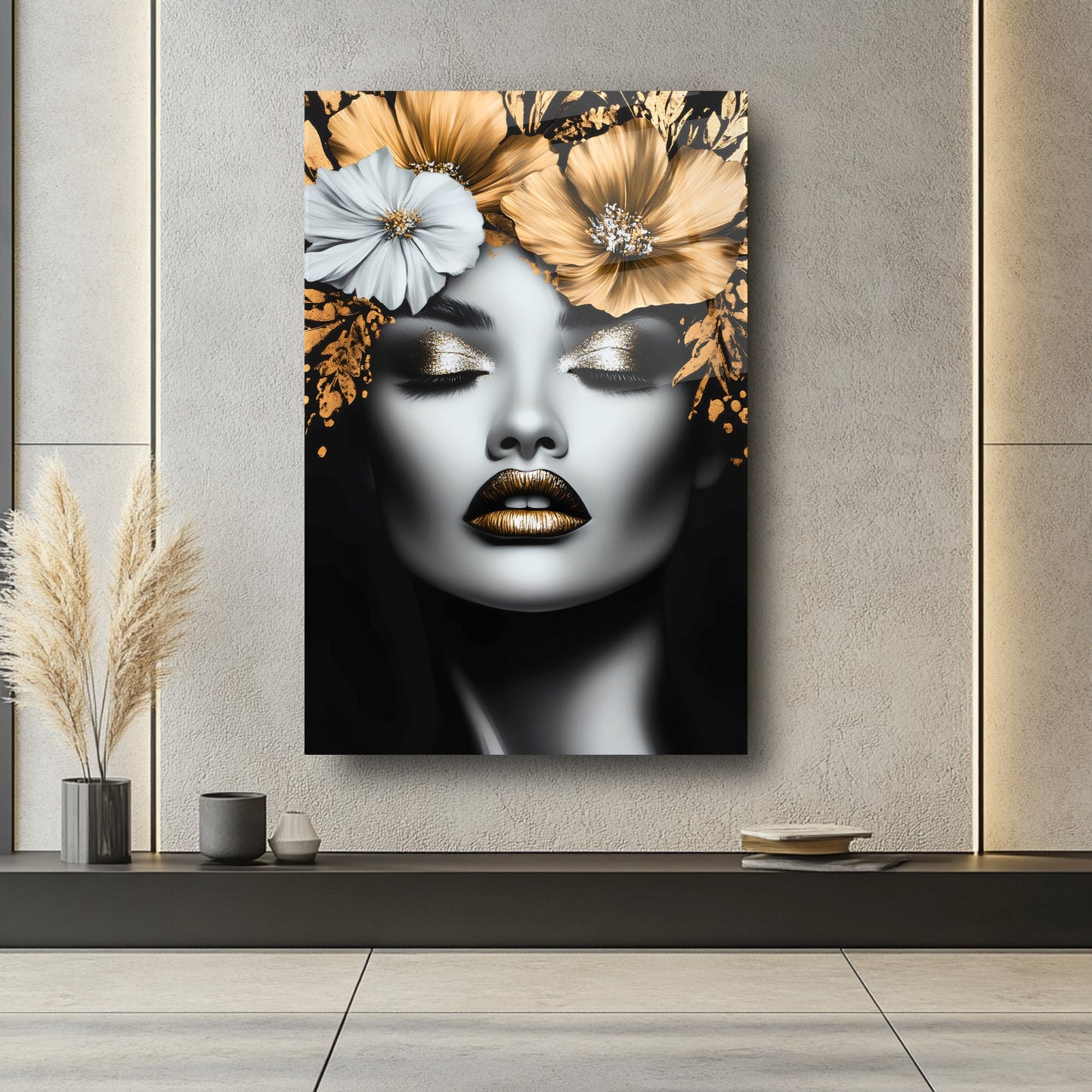 Gold Çiçekli Kadın Model Cam Tablo
