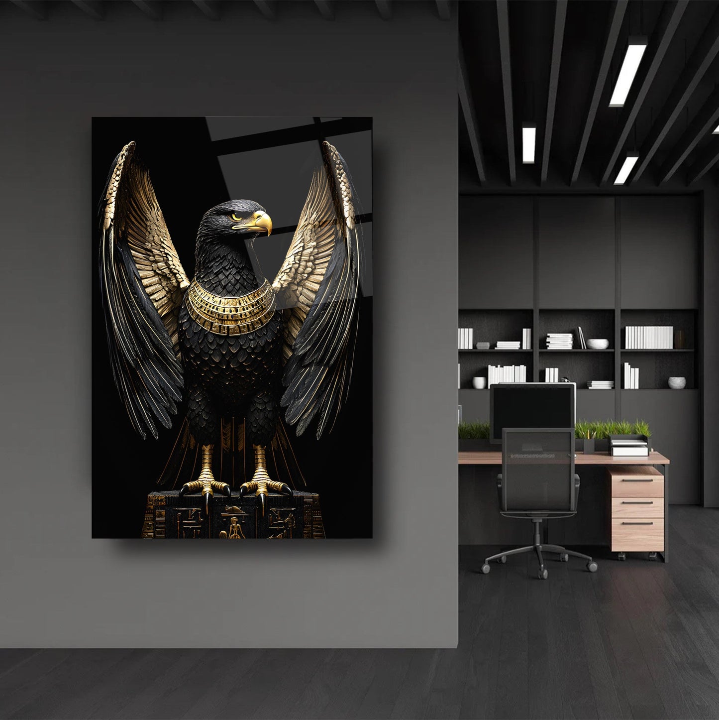 Gold Detayli Siyah Kartal Cam Tablo