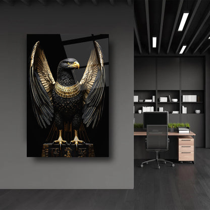Gold Detayli Siyah Kartal Cam Tablo