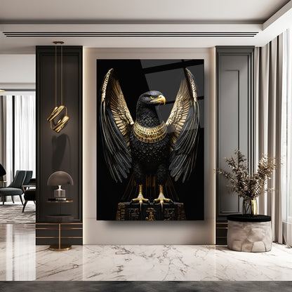 Gold Detayli Siyah Kartal Cam Tablo