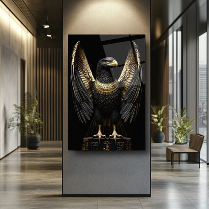 Gold Detayli Siyah Kartal Cam Tablo