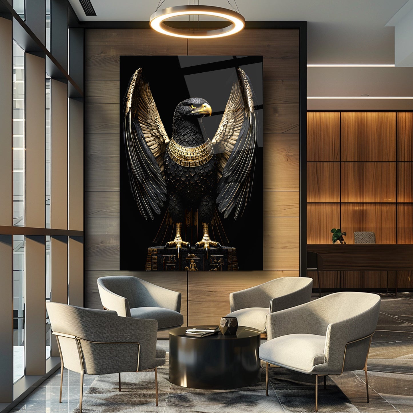 Gold Detayli Siyah Kartal Cam Tablo