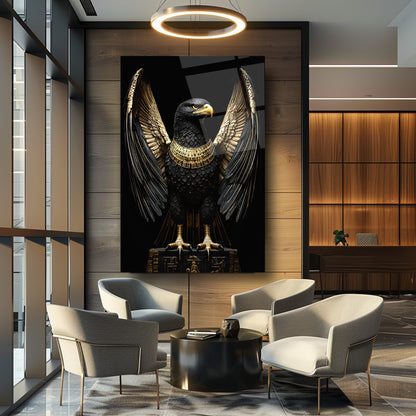 Gold Detayli Siyah Kartal Cam Tablo