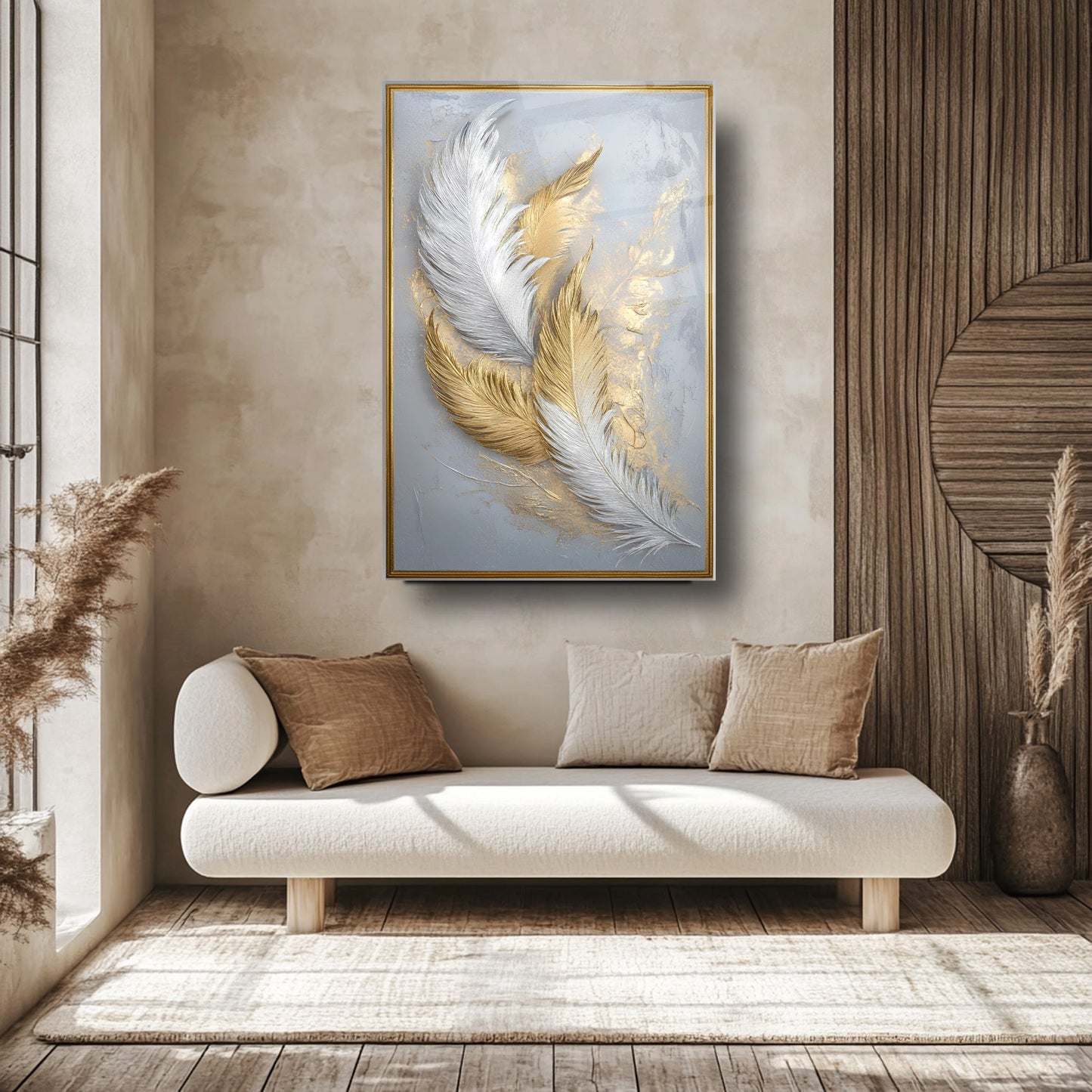 Beyaz Gold Tüyler Cam Tablo