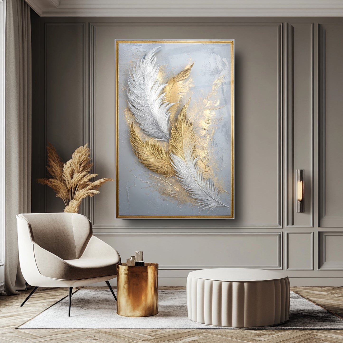 Beyaz Gold Tüyler Cam Tablo