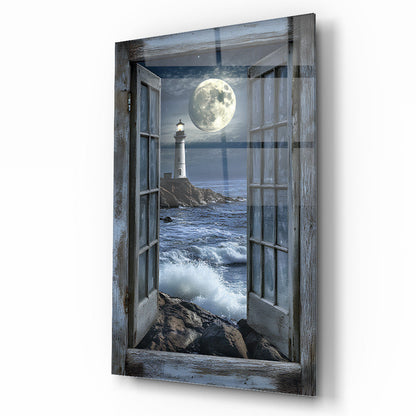 Pencereden Deniz Feneri Manzarası Cam Tablo
