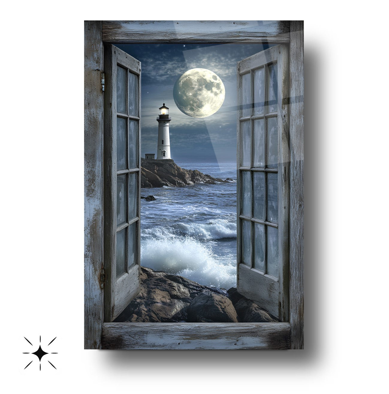 Pencereden Deniz Feneri Manzarası Cam Tablo