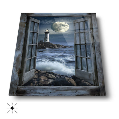 Pencereden Deniz Feneri Manzarası Cam Tablo